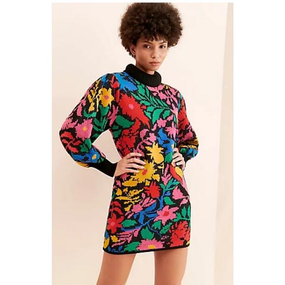 Farm Rio Anthropologie TROPICAL GARDEN SWEATER MIDI mock neck DRESS size large - Picture 1 of 11